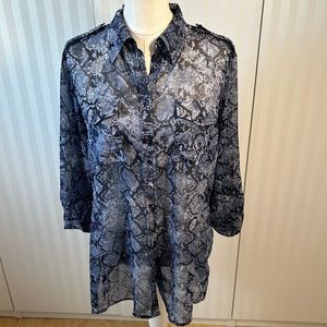 Lark Lane blue black long button down shirt (short dress) matched belt Size 12